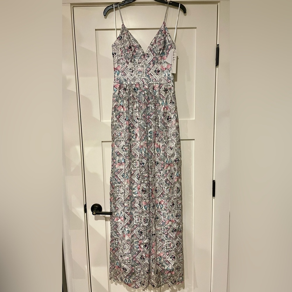 Nicole Miller floor length purple, pink, blue gown.